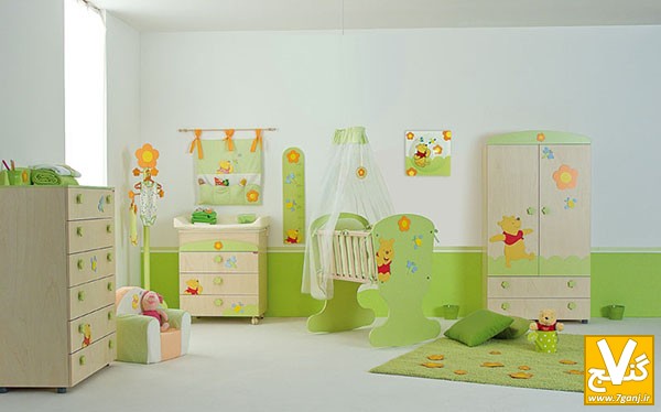 Colorful White Green Wooden Style Winnie the Pooh Baby Furniture