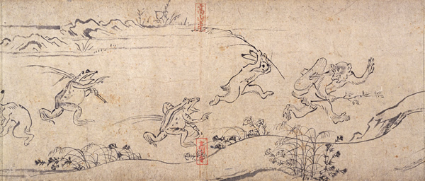a monkey thief runs from animals with long sticks