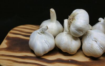 Fresh garlic bulbs placed on a wooden board with a black background, perfect for culinary themes.