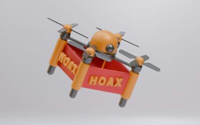 3D rendered drone carrying a 'hoax' banner, symbolizing misinformation. Clean, minimalist design.