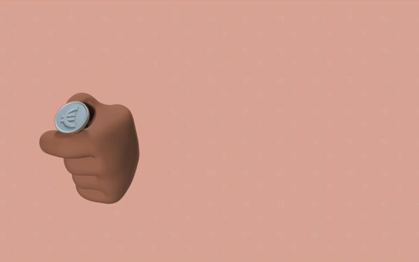 3D rendered hand holding a euro coin with ample copy space on a pastel background.