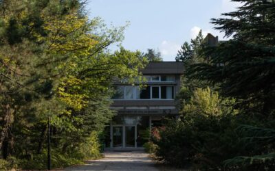 A contemporary university building nestled in lush greenery, capturing academic serenity.