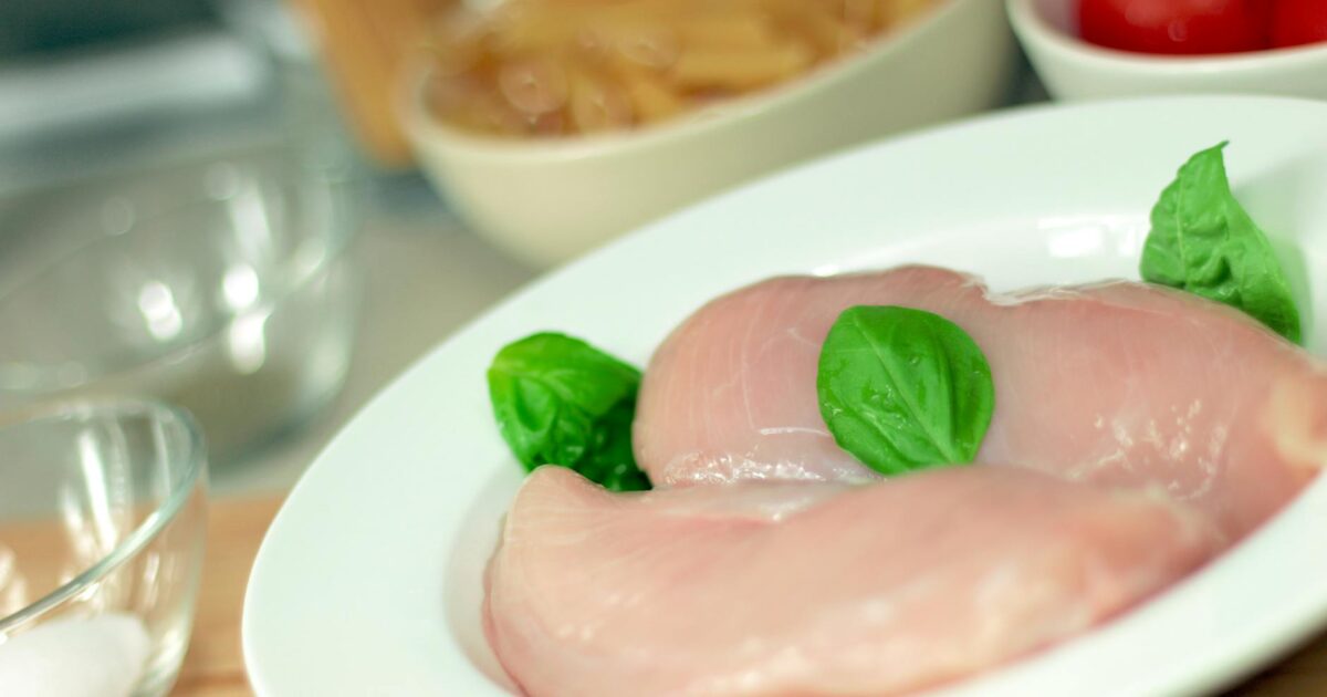 Close-up of raw chicken breasts on a plate with basil leaves, ideal for culinary themes.